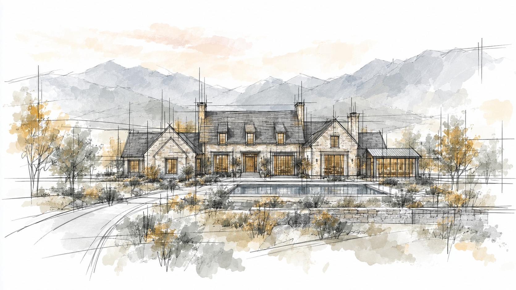 An ink-and-watercolor architectural sketch of a Vale residence with a pool terrace, set against a mountain backdrop